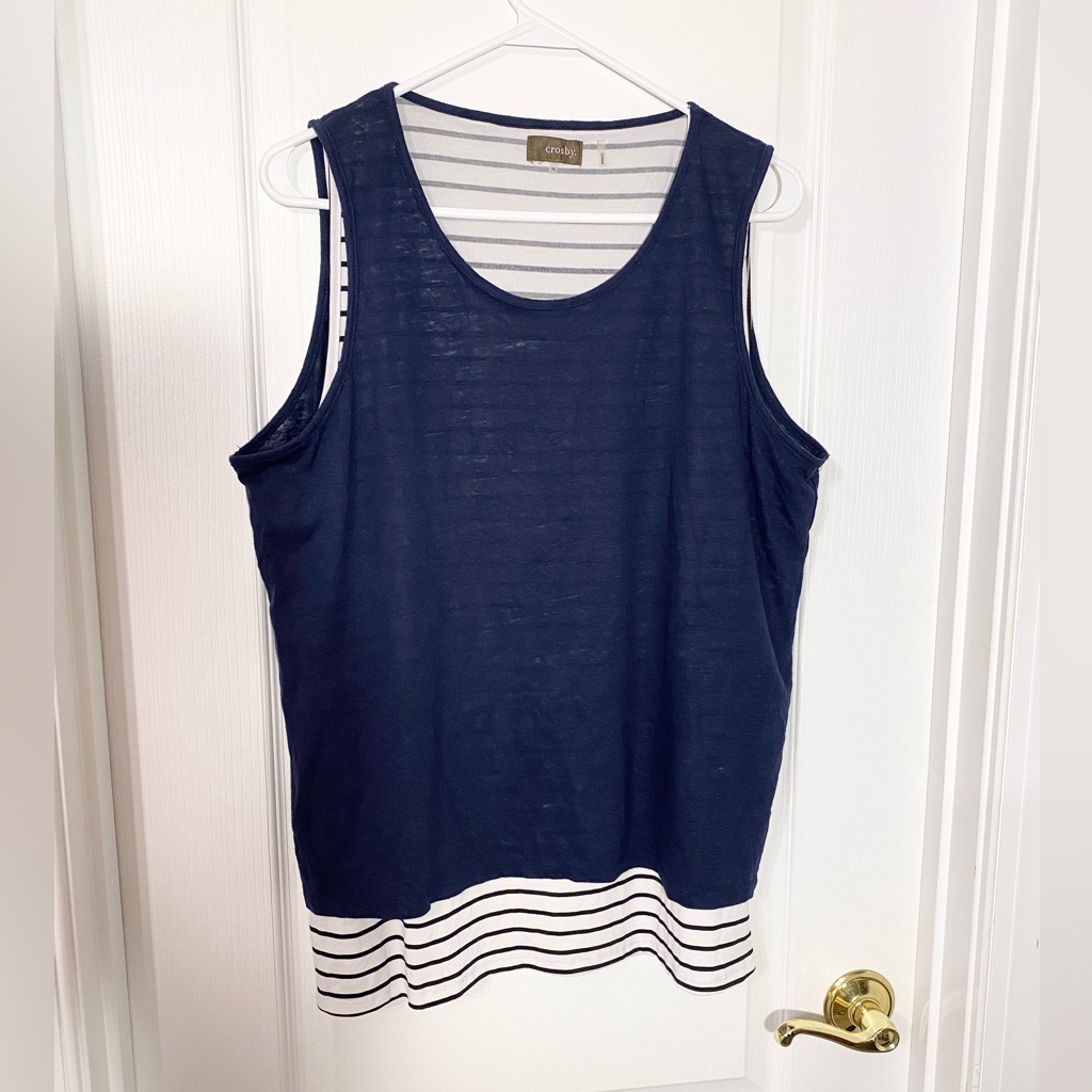 New Crosby Linen Peek A Boo Back & Striped Dual Layer Sleeveless Blouse Xl